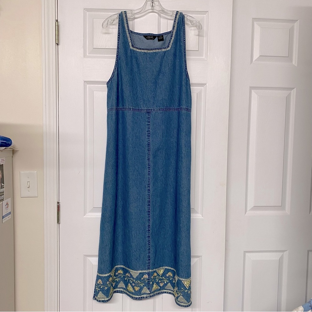 Agapo Collection Embroidered Denim Maxi Dress Jumper Square Neckline Sz L